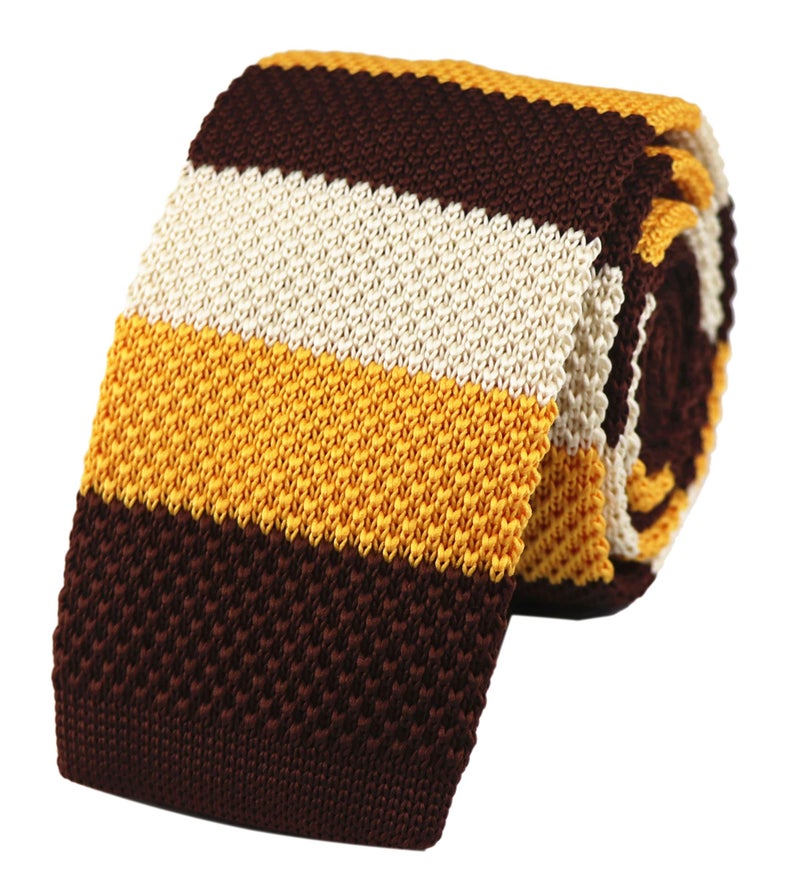 Elfeves Men's Yellow Brown Jacquard Silk Ties Vintage Knit Skinny Designed Designer Necktie For Wedding Business - Image 1